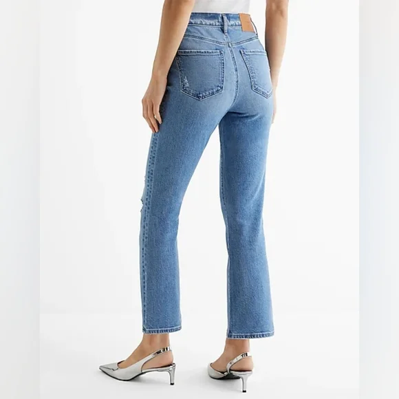 Express High Waisted Light Wash Ripped Cropped Flare Jeans - Size 4 Long - Picture 3 of 13